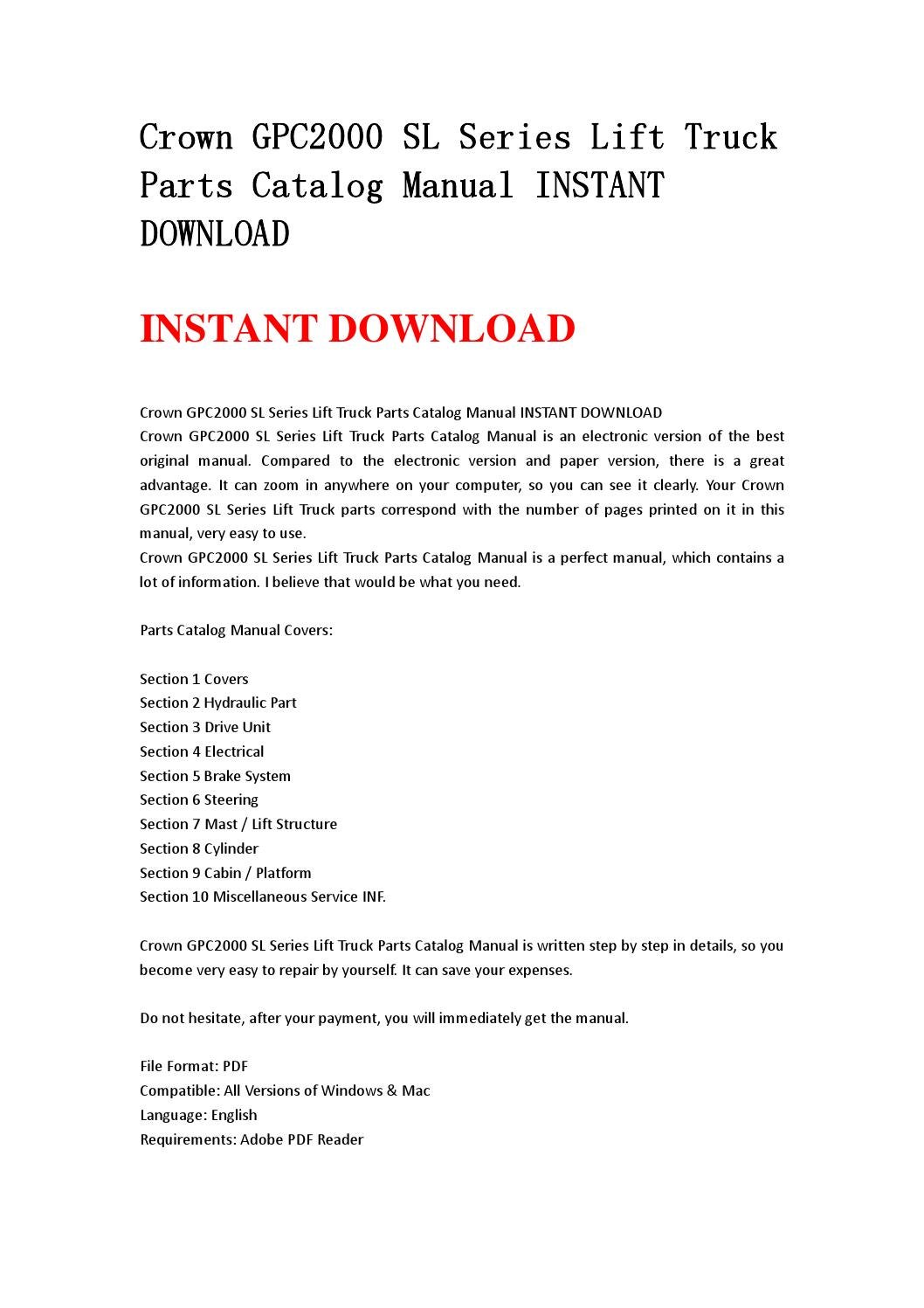 Crown ST3000 Forklift Parts Manual Download PDF Instantly